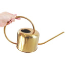 Gold stainless steel watering can displayed on a wooden surface, designed for plant care.