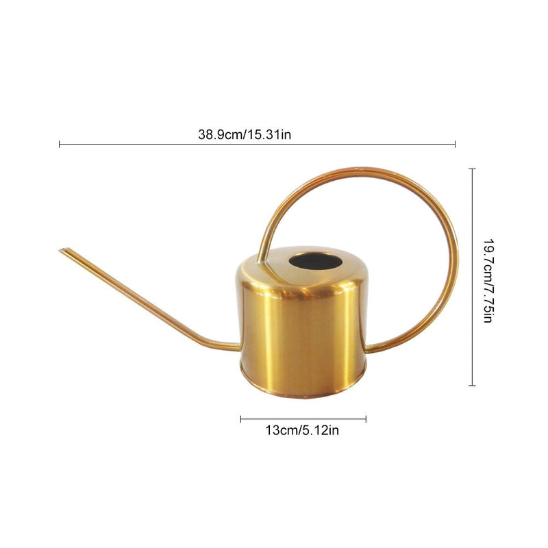 Gold stainless steel watering can placed on a surface, mistakenly identified as various drinkware and tableware items.