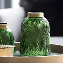 Green glass vase designed for hydroponic plants with a Nordic style, featuring a rectangular shape and fluid design elements.