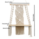 Handwoven Macrame Boho wall hanging tapestry in geometric art design, displayed in an outdoor setting with wooden and metal furniture.