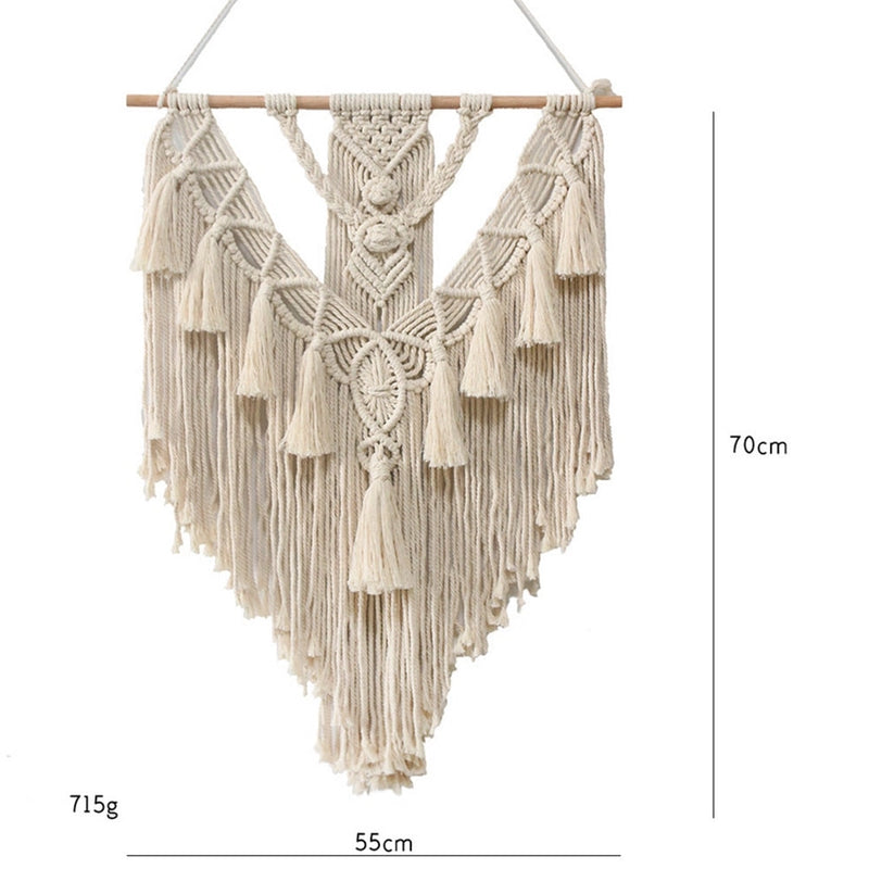 Handwoven Macrame Boho Wall Hanging Tapestry featuring geometric art decor with symmetrical patterns, displayed against a wooden background.