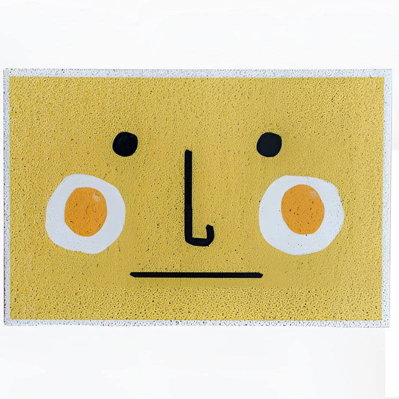 Large 'Hello Sun' tropical-themed PVC rug mat featuring artistic graphics and symbols in electric blue, ideal for indoor or outdoor use.
