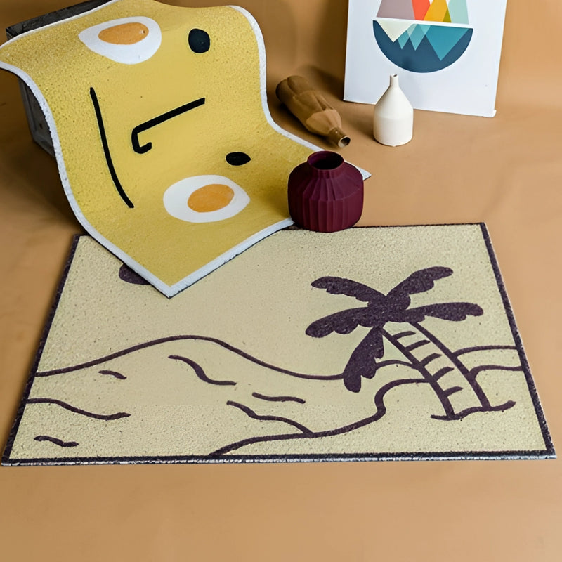 Aloha-themed PVC rug mat featuring a vibrant tropical pattern with artistic and creative illustrations, displayed on a wooden surface.