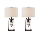 LED desk lamp featuring dual bulb design and integrated USB ports, set on a wooden surface with a rectangular shape visible and a bag nearby.