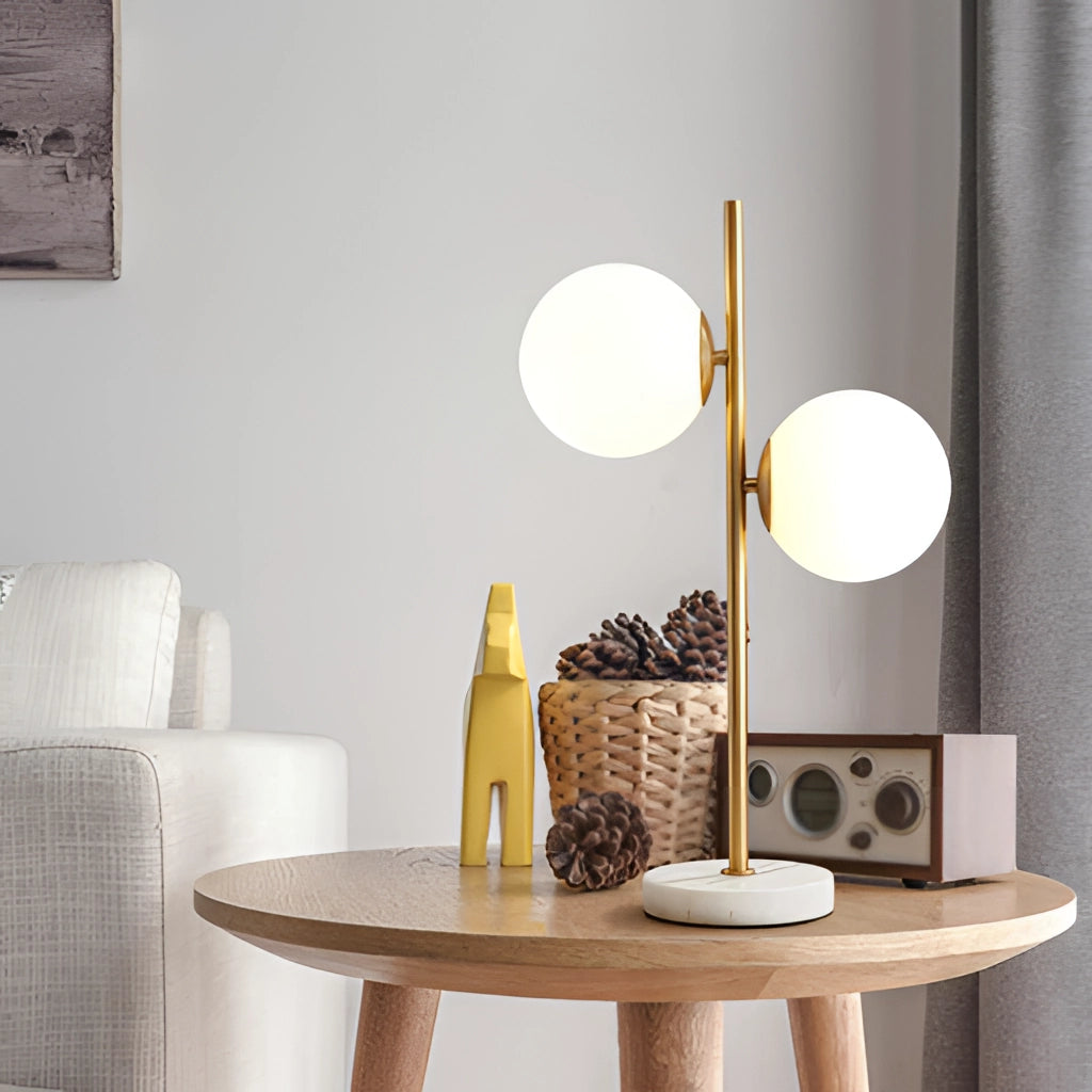 LED desk lamp with smart touch control on a beige wooden table, showcasing its energy saving feature in a grey interior design setting.