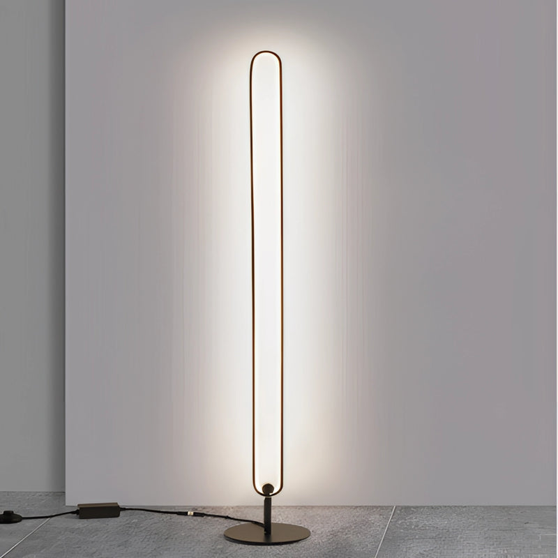Stylish LED floor lamp with RGB multicolor and warm white lighting, featuring a sleek design that includes elements of wood, glass, and aluminium in a composite metal structure.