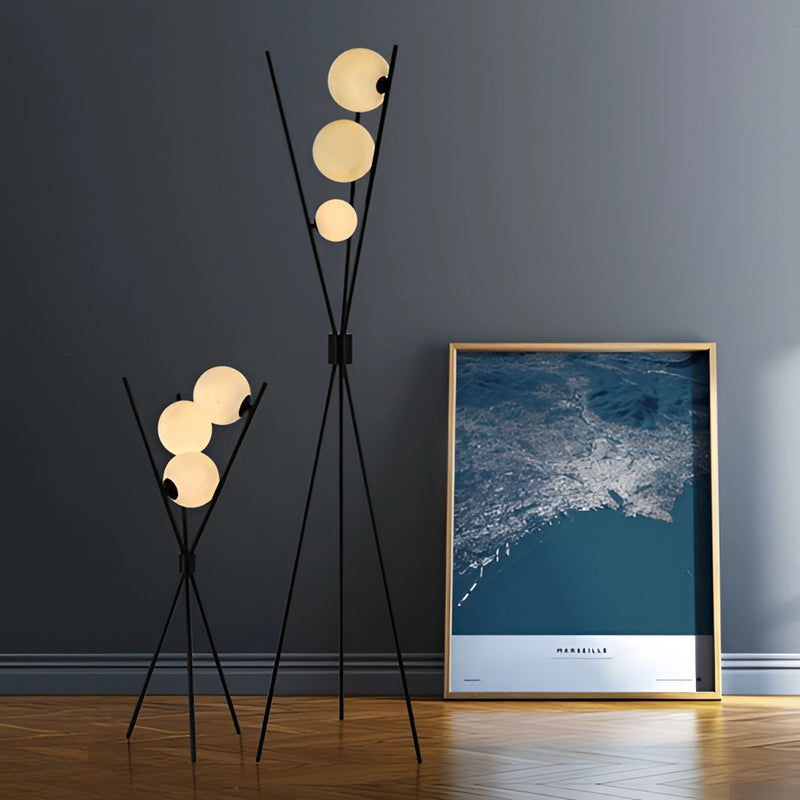 Modern living room featuring a LED Moonlamp with a rectangular, wooden base enhancing the room's ambiance through its artistic light fixture.