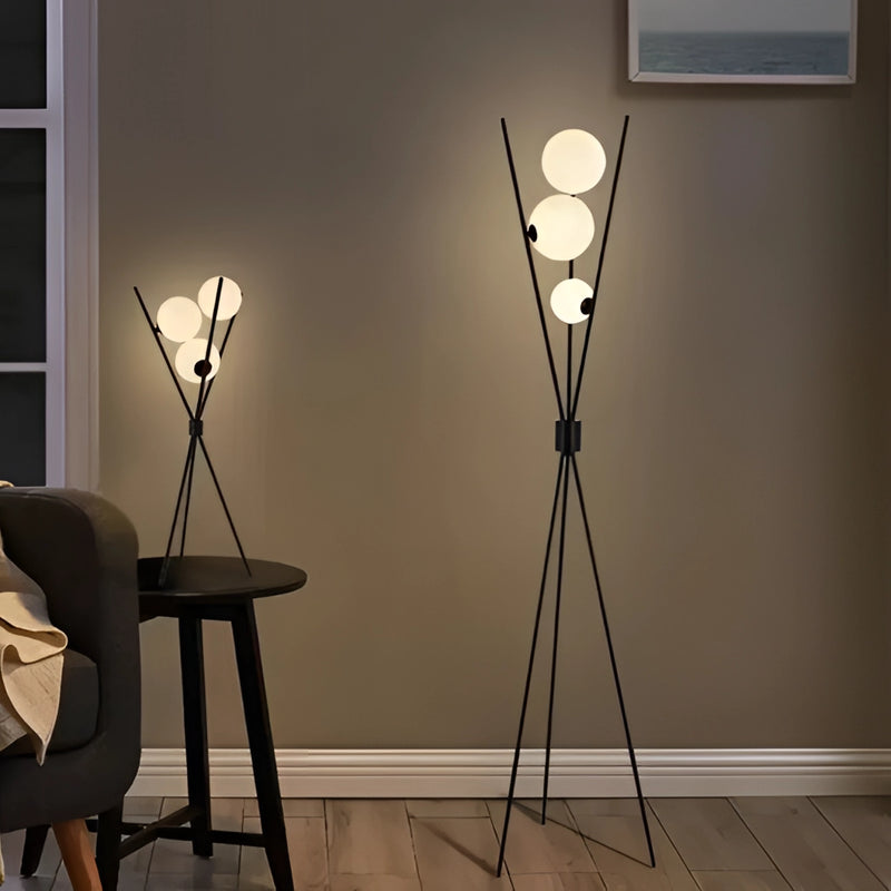 Modern LED moonlamp on a wooden table, illuminating a living room with soft light, highlighting the room's interior design and flooring.