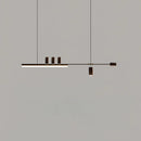 Matte black Nordic-inspired LED pendant light with a warm light setting, featuring a sleek, rectangular design with parallel wooden accents in beige.