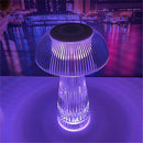 Purple LED table lamp with steepless dimming, showcasing a large battery, placed on a table with a skyscraper and violet visual effect lighting in the background.