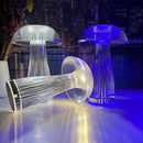 Purple and blue LED table lamp featuring steepless dimming and a large battery, showcased against a backdrop of architectural skyscrapers with vibrant electric blue tones.