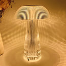 LED table lamp with steepless dimming featured on a wooden table, surrounded by artistic elements and glassware, with tree and skyscraper motifs in the background.