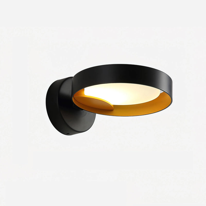 Contemporary LED wall light featuring a single head set of 2 in black and orange, designed with artistic iron and acrylic elements resembling circular shapes and textures.