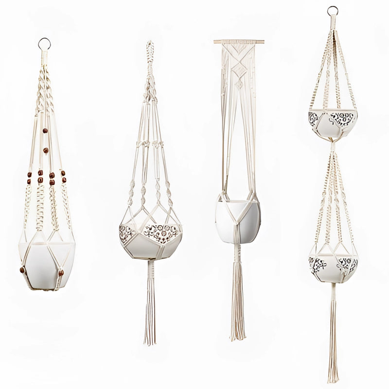 Set of four handcrafted macrame plant hangers in bohemian style, displayed artistically with intricate designs.