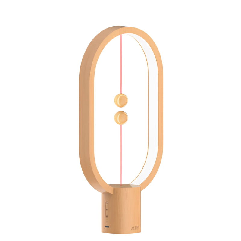 Wooden magnetic balance table lamp with LED lighting, featuring a rectangular design and metal accents.