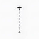 Black metal and textile curved pleated floor lamp with a sleek design and light fixture.