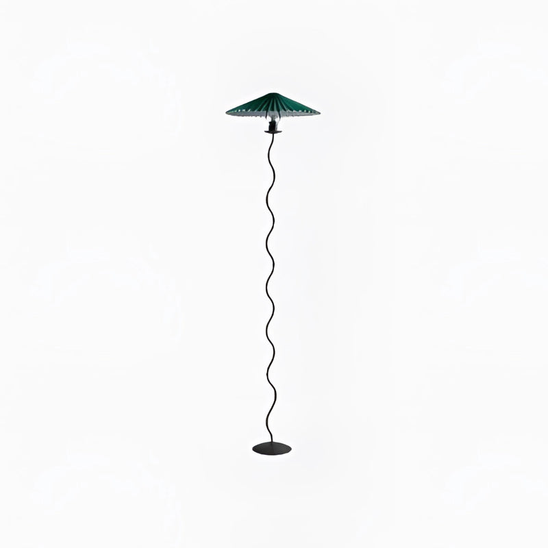 Teal curved pleated floor lamp with a metal pole and artistic light fixture design.