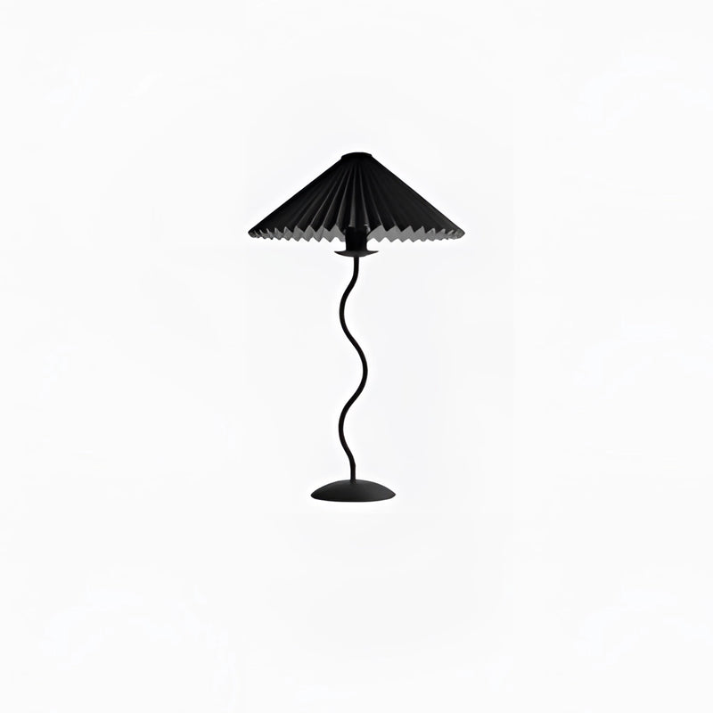 Black table lamp with a curved, pleated metal textile shade, featuring a sleek design suitable for indoor use.
