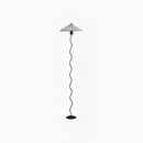 White metal textile curved pleated floor lamp with a titanium finish, designed as an elegant interior design accessory.