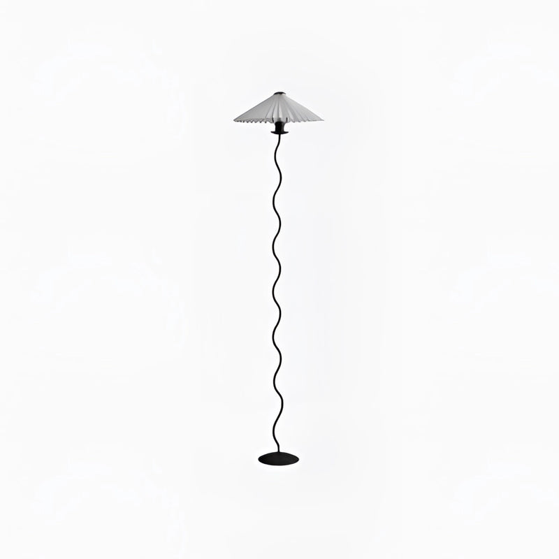 White metal textile curved pleated floor lamp with a titanium finish, designed as an elegant interior design accessory.