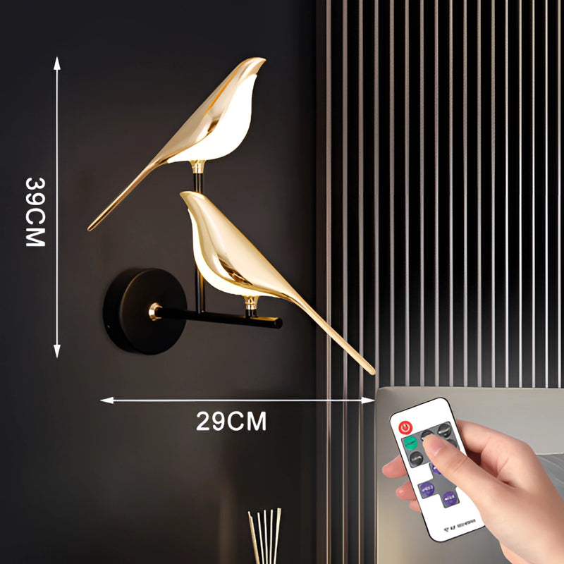 Modern rotatable wall sconce with a 360-degree gold lampshade featuring two heads and remote control for warm light.