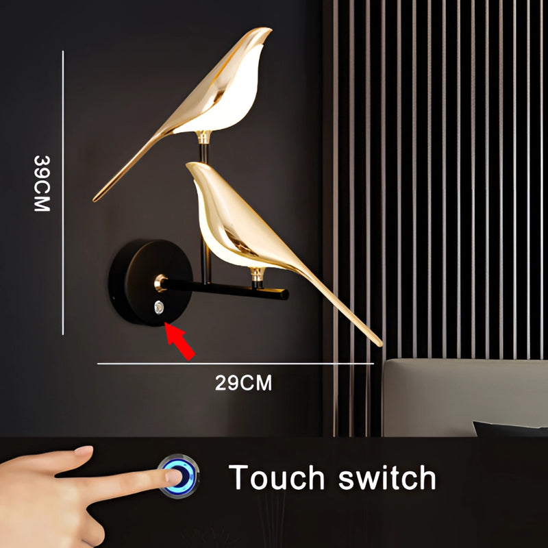 Modern rotatable wall sconce with a 360-degree gold lampshade, featuring a 2-head touch switch and emitting warm light.