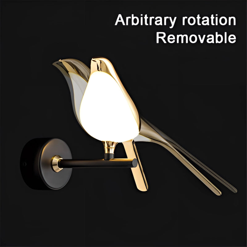 Modern rotatable wall sconce featuring a 360-degree lampshade in gold, with a unique bird-inspired design showcasing metallic feathers and wings.