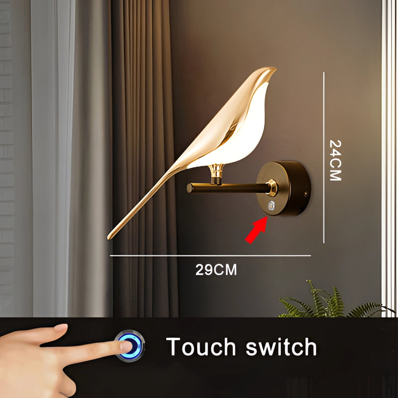 Modern rotatable wall sconce with a 360-degree lampshade in gold, featuring a 1-head touch switch and warm light, displayed in an interior setting with wooden elements and plants.