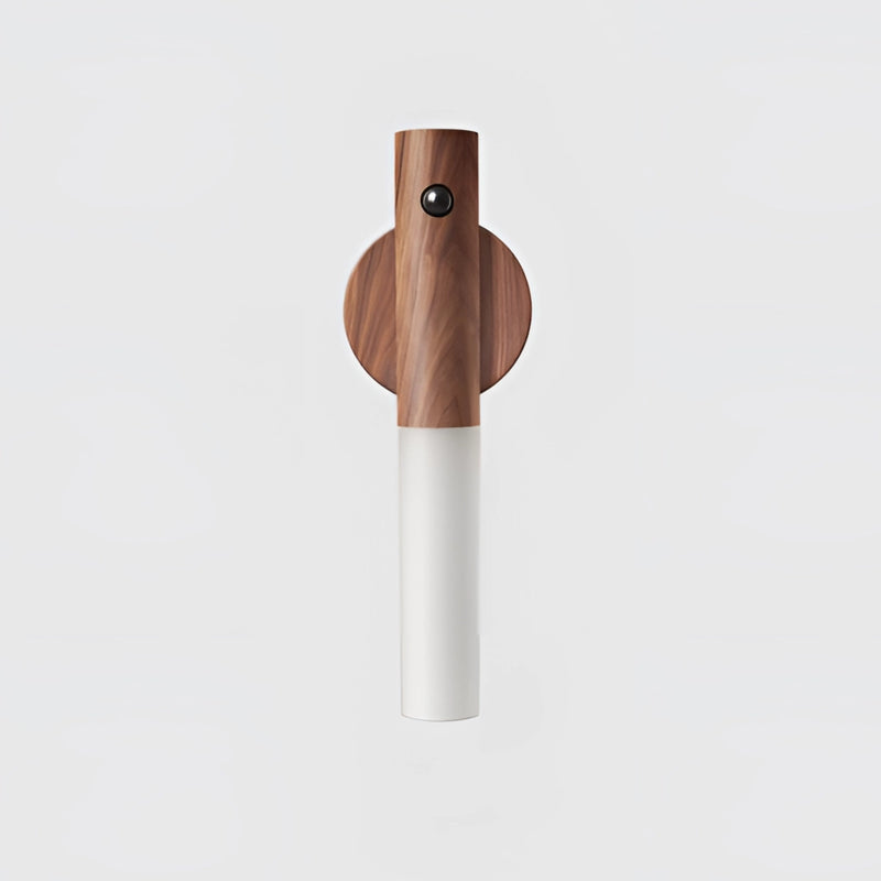 Rechargeable motion sensor LED night light with a rectangular walnut wood design, featuring metal accents and a smooth varnished finish.