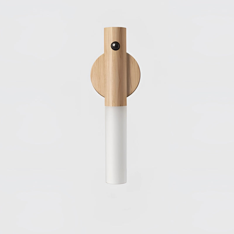 Motion Sensor LED Rechargeable Night Light featuring a cylindrical white wooden design with a composite of metal elements, including titanium and aluminium, shaped into a circular light fixture.