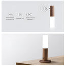 Rechargeable LED night light with motion sensor, featuring a rectangular wooden design and subtle branding elements.
