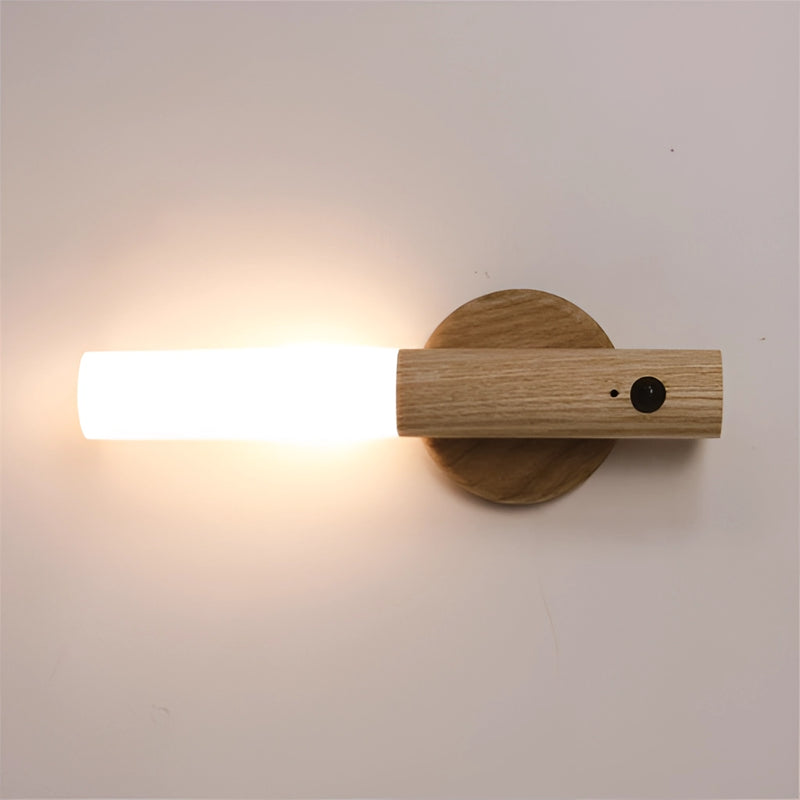 Wooden circle-shaped LED night light with a varnished hardwood and metal design, suitable for ceiling installation, resembling a musical instrument.