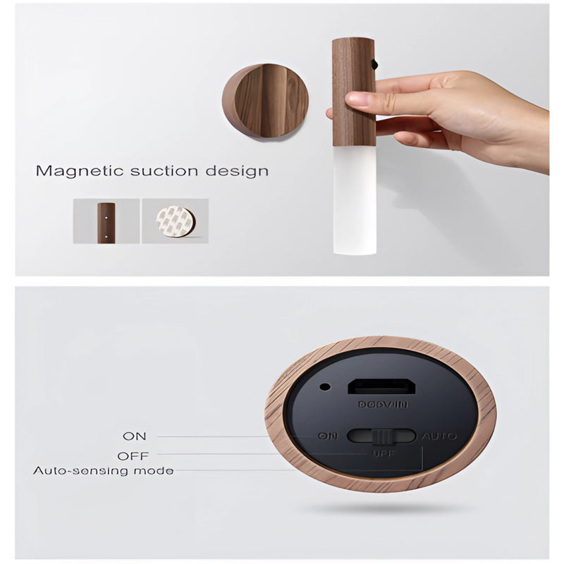 Rechargeable LED night light with motion sensor featuring a wooden design, circular shape, and metal accents, displaying a brand logo on its surface.