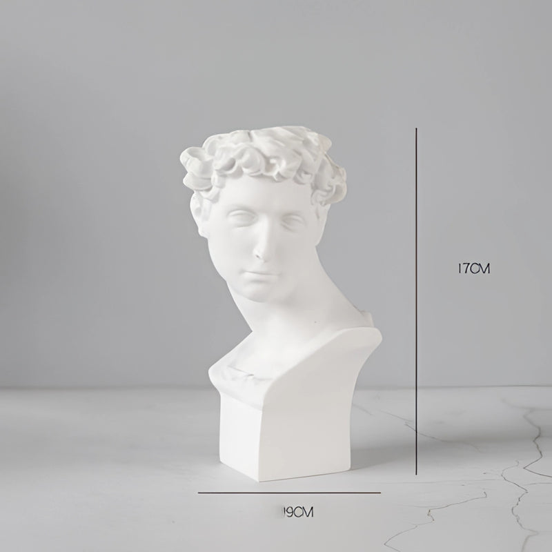 Small Neoclassical Greek head resin vase resembling a sculpture with artistic jaw and detailed carvings, designed for creative arts display.