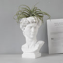 Neoclassical Greek head-shaped resin vase featuring plant, styled as a statue or sculpture, highlighting artistic and sculptural elements.