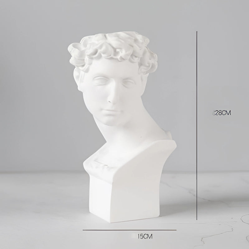 Medium-sized neoclassical Greek head resin planter designed as a sculpture with artistic and creative visual elements.