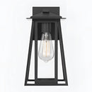 Black steel outdoor wall lantern sconce with glass panels, IP44 waterproof rating, suitable for exterior home lighting.