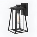 Black steel IP44 waterproof outdoor wall lantern sconce with glass panels mounted on a wall, featuring a rectangular design and metallic finish.