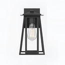 Black steel outdoor wall lantern sconce with glass panels, IP44 waterproof, suitable for exterior use.