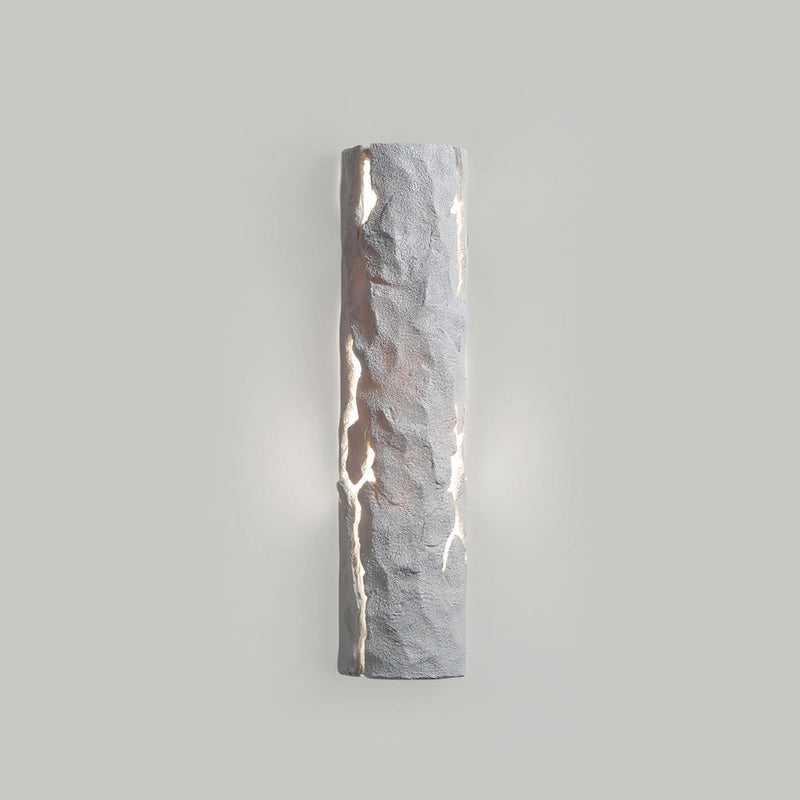 Outdoor wall light featuring IP65 waterproof rating with a premium resin faux rock finish in white, designed to resemble a rectangle and crafted from materials like nickel, metal, and aluminium, suitable for outdoor use with a cool light setting. Dimensions are 3.9 inches wide by 15.6 inches high.