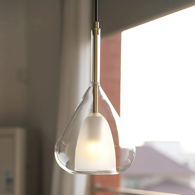 Nordic style pendant lamp featuring a clear raindrop design with a starlight effect, composed of wood and composite materials, shown as a ceiling fixture with lampshade.