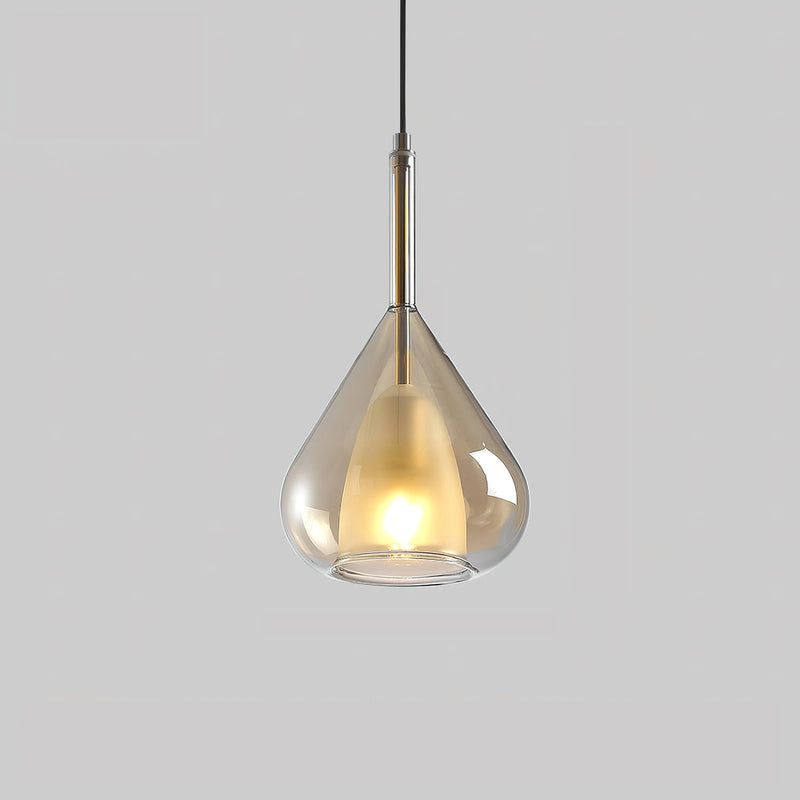 Amber-colored Nordic style pendant lamp featuring a clear raindrop design with starlight effect, sized ∅ 7.9 inches by 14.7 inches, showcasing a circular ceiling fixture with metal and wood elements.