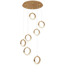 Modern Dante pendant lamp featuring a chandelier design with wooden and metal elements, showcasing rectangular and circular patterns, suspended from the ceiling.