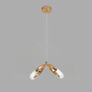 Gold pendant lamp Dante featuring a modern chandelier design with a cool light, resembling a butterfly shape, crafted from metal and natural materials, with dimensions of L 14.2" x W 7.5" x H 70.9" and L 14" x W 8" x H 71".