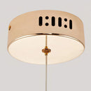 Modern Dante pendant lamp featuring a circular and rectangular metal light fixture with a wood accent, suspended from the ceiling.