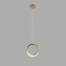 Modern chandelier Pendant Lamp Dante in gold with a circular design, featuring multiple cool light heads, each measuring 8.3 inches in diameter and 70.9 inches in height, composed of nickel and titanium metal with natural material accents.