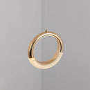 Modern chandelier featuring an oval-shaped, gold-toned metal pendant lamp with wooden accents, designed in a circular form, evoking an elegant jewelry-like appearance.