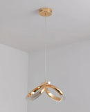 Modern Dante pendant lamp featuring a chandelier design with wooden elements in beige, incorporating both rectangular and circular shapes, hanging from the ceiling.