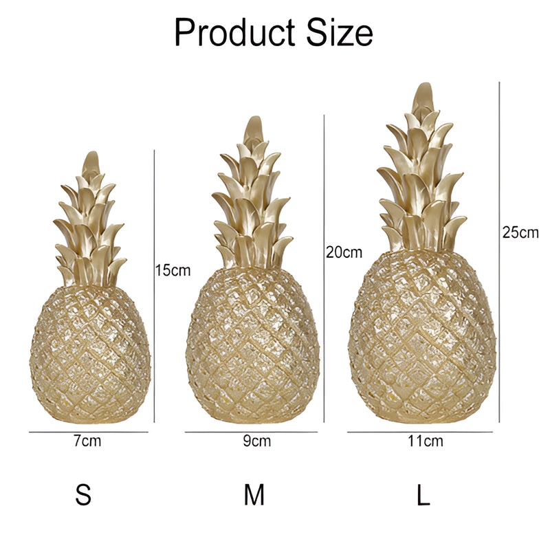 Golden resin ornament shaped like a pineapple, designed for Nordic home decor, featuring symmetrical patterns and natural textures.
