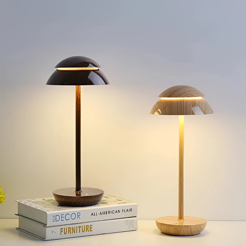 Scandinavian design table lamp featuring a white lampshade, wooden base, and metal accents, highlighting elegant tints and shades.